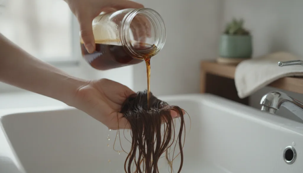 A close-up of a person s hand pouring cooled black tea from a glass jar onto wet hair over a sink showing a gentle natur