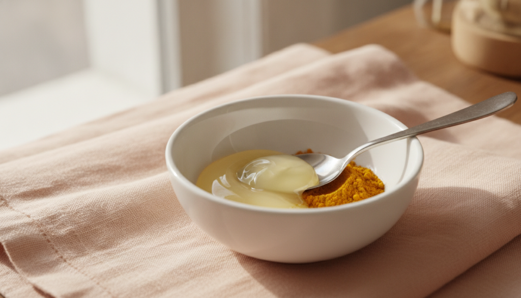 A small clean white bowl with a spoonful of Vaseline petroleum jelly and a pinch of golden turmeric powder ready to be m