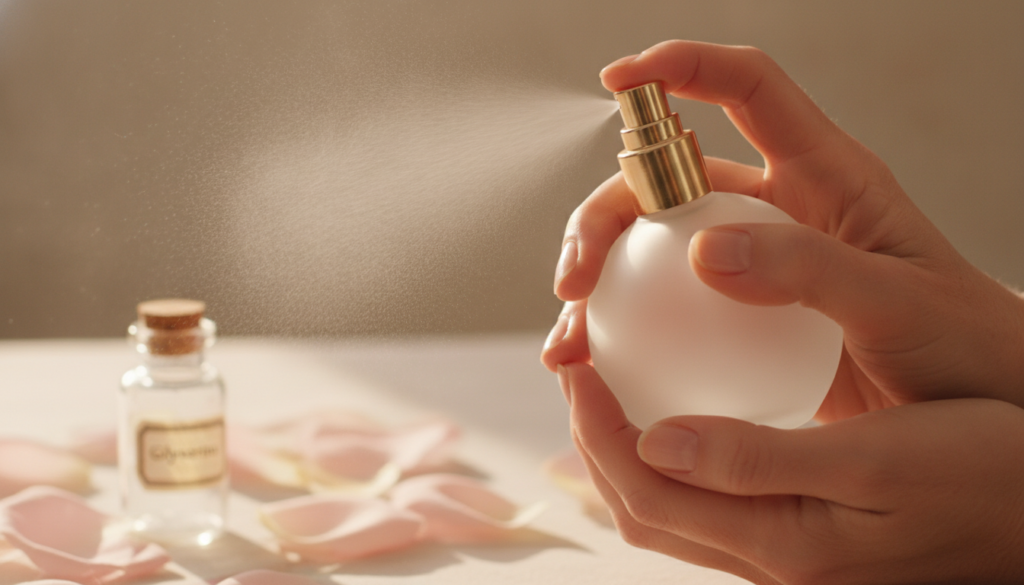 Elegant hands holding a small glass spray bottle with a gentle mist surrounded by soft light with a hint of rose petals 