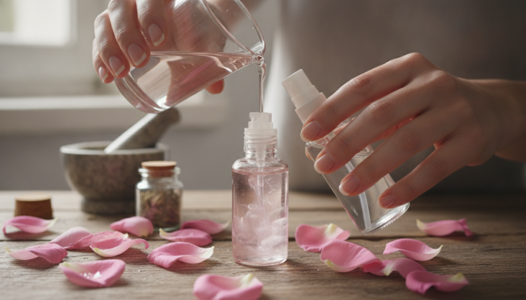 Close-up of hands mixing rose water and vegetable glycerin in a small spray bottle with fresh rose petals in the backgro