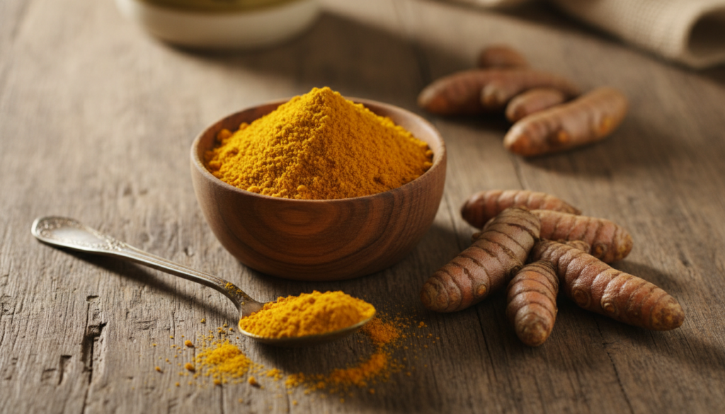 A close-up shot of a small wooden bowl filled with bright yellow turmeric powder next to a spoon and some raw turmeric r