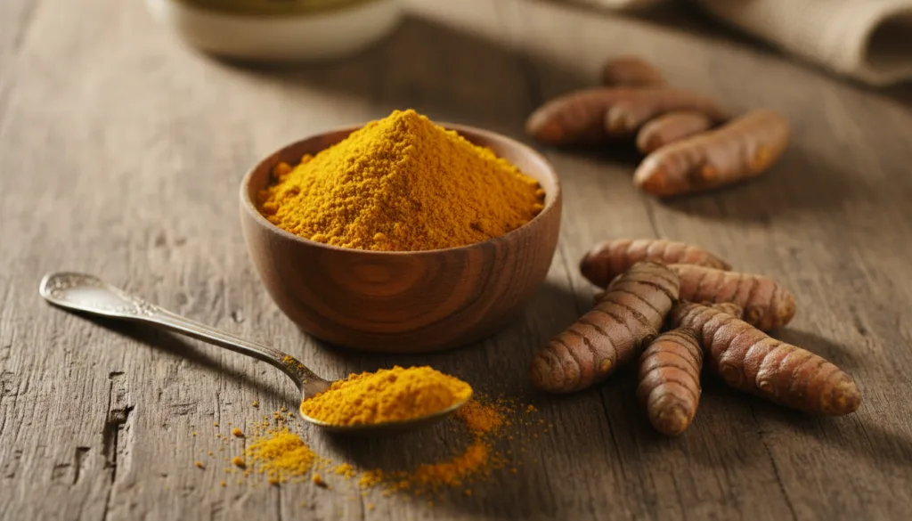 A close-up shot of a small wooden bowl filled with bright yellow turmeric powder next to a spoon and some raw turmeric r