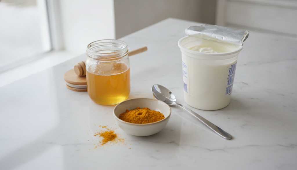Ingredients for a turmeric face mask laid out on a clean kitchen counter a small bowl of turmeric powder a jar of raw ho