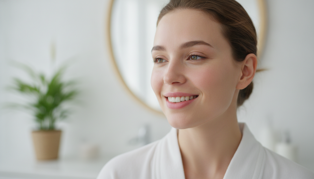 A woman with glowing clear skin after using a face mask looking happy and refreshed She has a natural healthy complexion