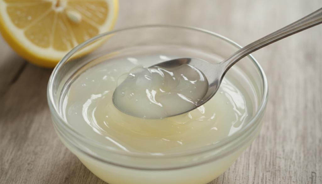 A close-up shot of a small glass bowl with a spoon mixing Vaseline and a few drops of fresh lemon juice with a cut lemon