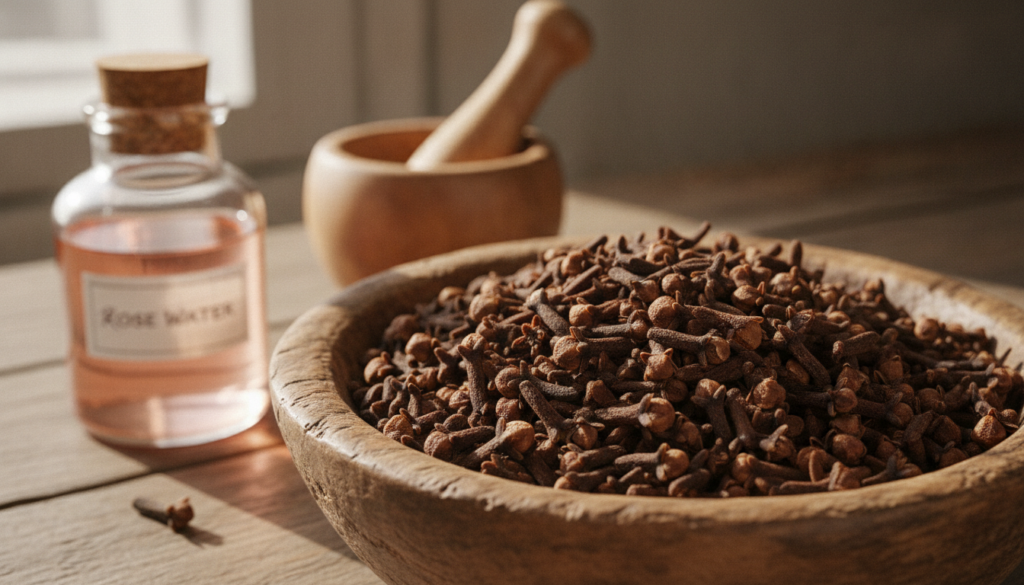 A close-up shot of dried cloves in a small wooden bowl with a mortar and pestle nearby and some rose water in a small bo