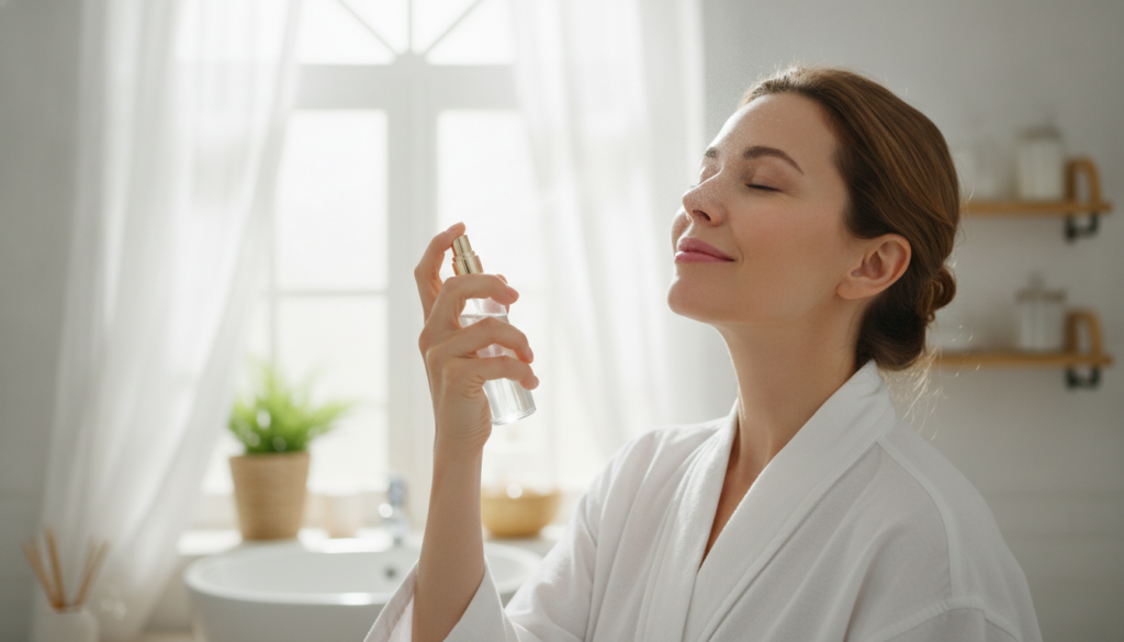 A woman gently spraying a natural toner from a small spray bottle onto her clean glowing face with a soft natural backgr