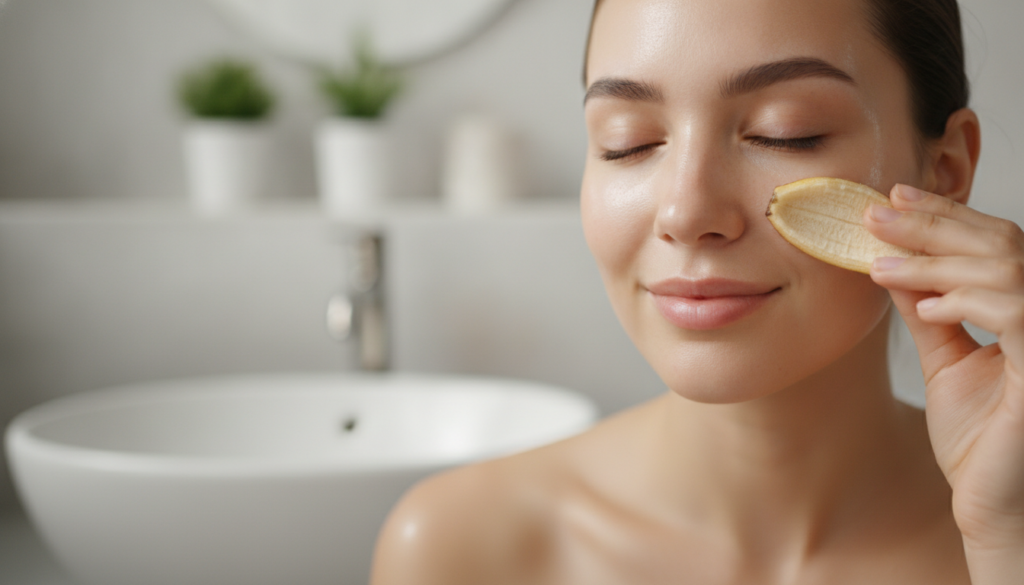 A close-up of a person gently rubbing the inner side of a banana peel on their cheek demonstrating a DIY facial treatmen