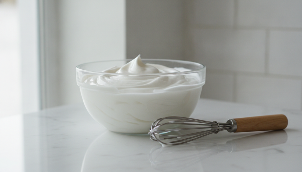 A close-up of a creamy white hair mask mixture in a glass bowl with a whisk beside it ready for application