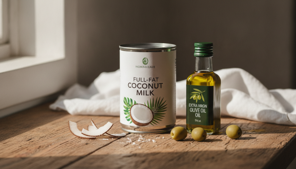 Ingredients for a coconut milk hair mask including a can of coconut milk and a bottle of olive oil in a rustic kitchen s