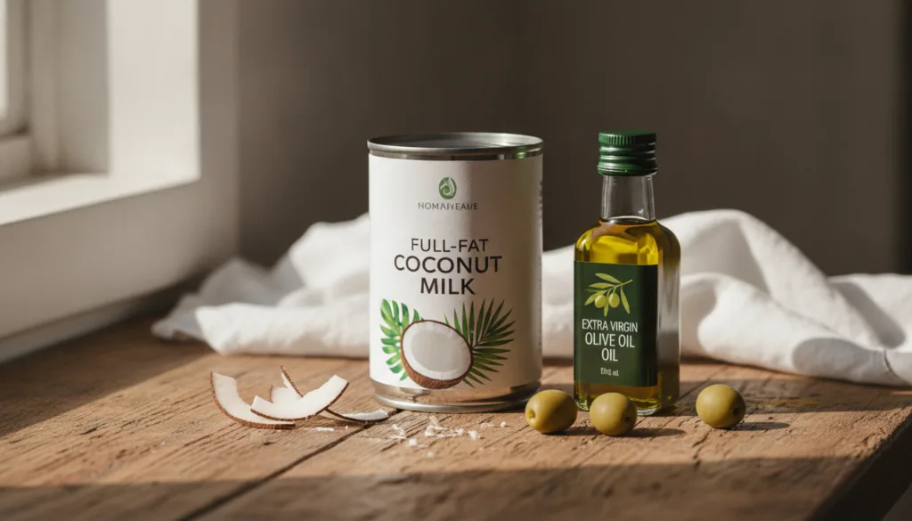 Ingredients for a coconut milk hair mask including a can of coconut milk and a bottle of olive oil in a rustic kitchen s