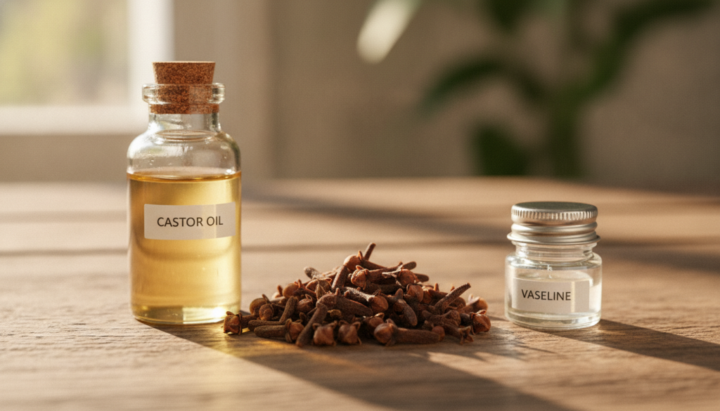 A close-up shot of whole cloves a small bottle of castor oil and a tiny jar of Vaseline artfully arranged on a rustic wo