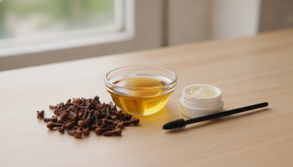 A close-up shot of whole cloves almond oil petroleum jelly and a small glass jar with a spoolie brush suggesting ingredi