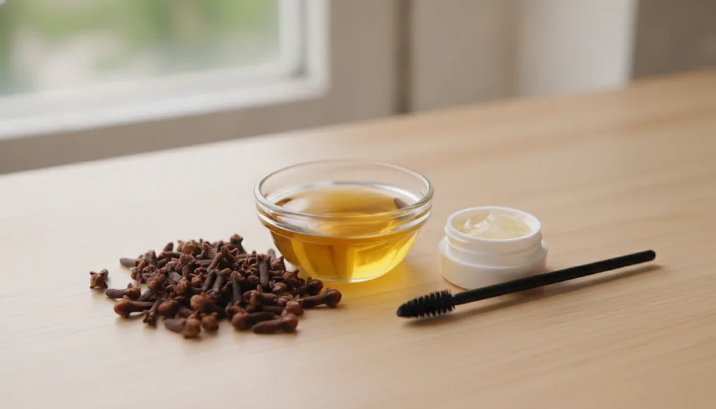A close-up shot of whole cloves almond oil petroleum jelly and a small glass jar with a spoolie brush suggesting ingredi