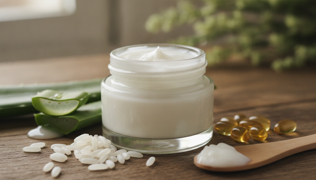 A close-up shot of the creamy white DIY Korean rice anti-aging cream in a small elegant glass jar surrounded by its natu