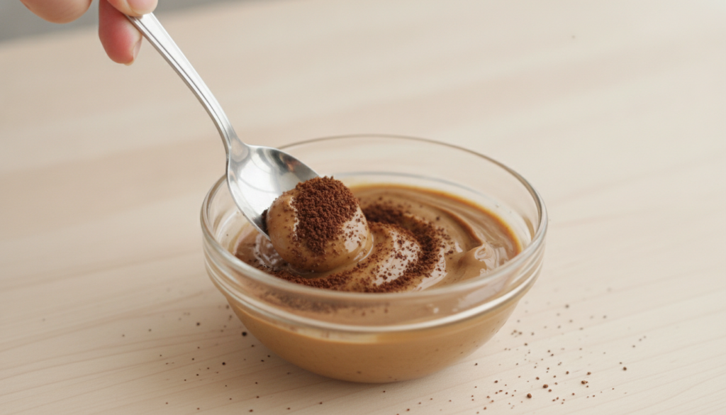 A hand mixing coffee granules into Vaseline in a small bowl with a spoon showing a brown textured paste