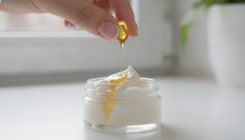 A hand squeezing oil from a Vitamin E capsule into softened Vaseline in a small container for a smooth balm