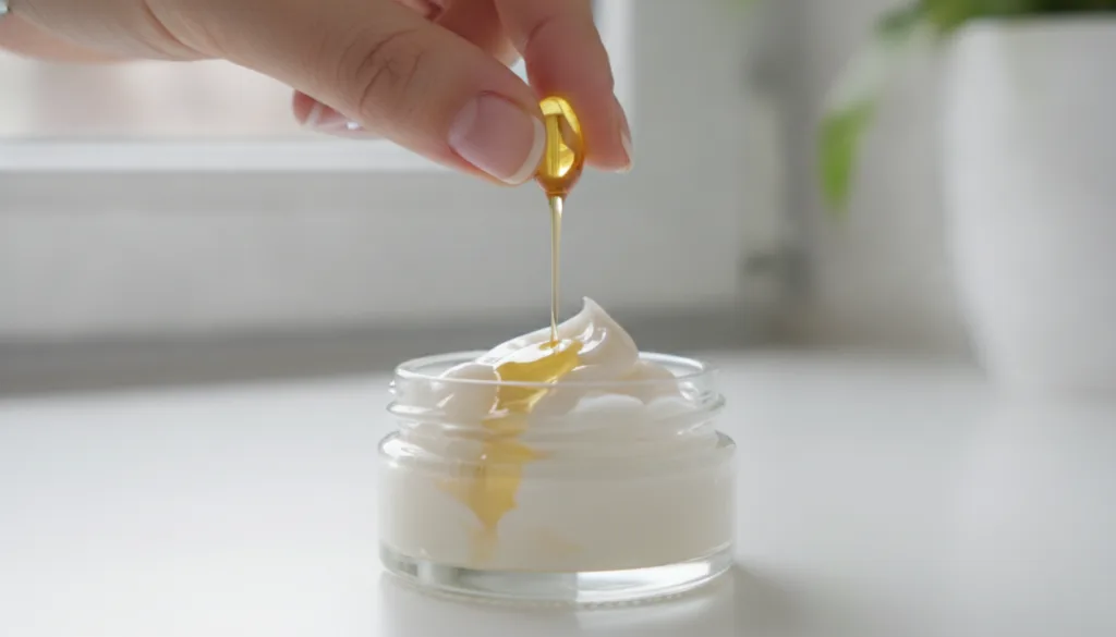 A hand squeezing oil from a Vitamin E capsule into softened Vaseline in a small container for a smooth balm