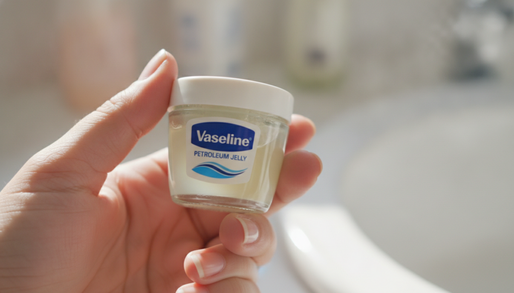 A hand holding a small blue and white jar of Vaseline Petroleum Jelly showing the product name clearly The background is
