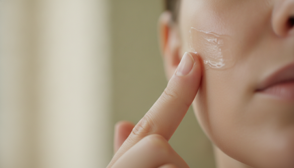 A person s fingers gently applying a thin translucent layer of Vaseline to their cheek demonstrating the slugging techni