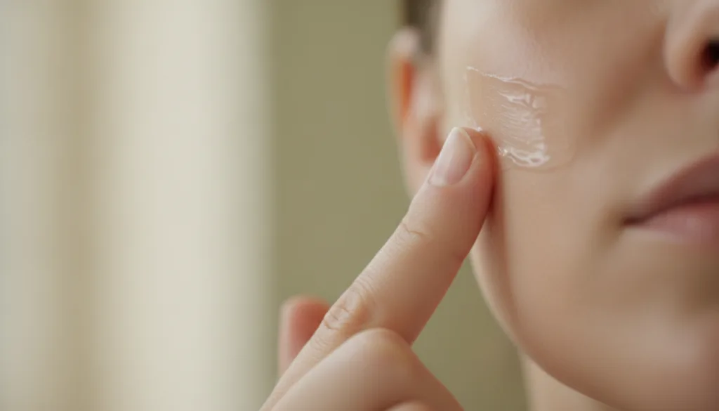 A person s fingers gently applying a thin translucent layer of Vaseline to their cheek demonstrating the slugging techni