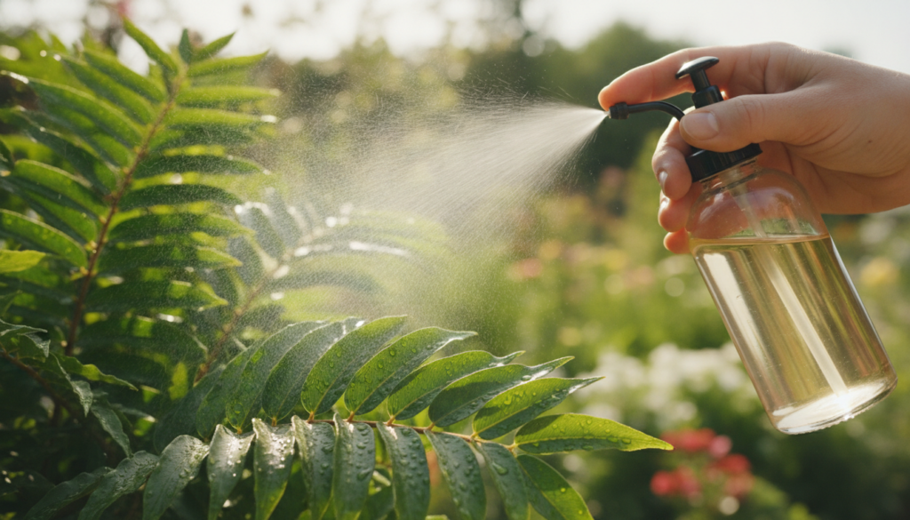A close-up of a homemade essential oil spray bottle being used to mist plant leaves in a garden with a blurred backgroun