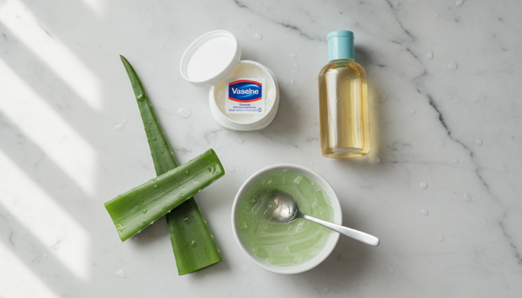 Ingredients for a DIY night cream a jar of Vaseline a bottle of baby oil and fresh aloe vera gel laid out neatly on a cl