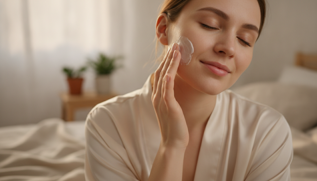 A person gently massaging the DIY night cream onto their face and neck before bed The skin looks soft and well-hydrated