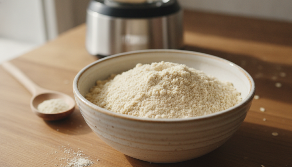 A close-up of finely ground oat powder in a bowl with a blender in the background illustrating the preparation step
