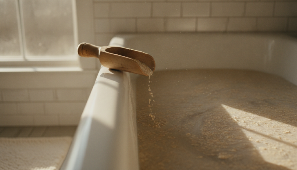 A close-up of a warm inviting bath with a scattering of oats perhaps a simple wooden spoon or a small muslin bag Soft na