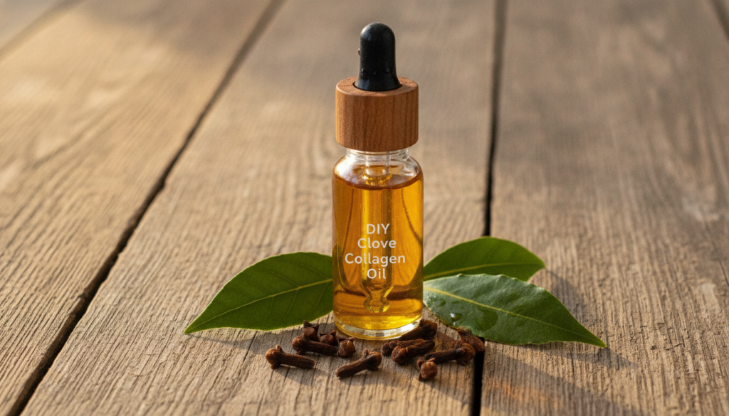 A small glass dropper bottle filled with amber-colored DIY clove collagen oil surrounded by dried cloves and a few green