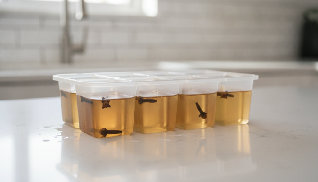 A close-up of an ice cube tray filled with amber-colored clove infused water some slots containing a whole clove ready t