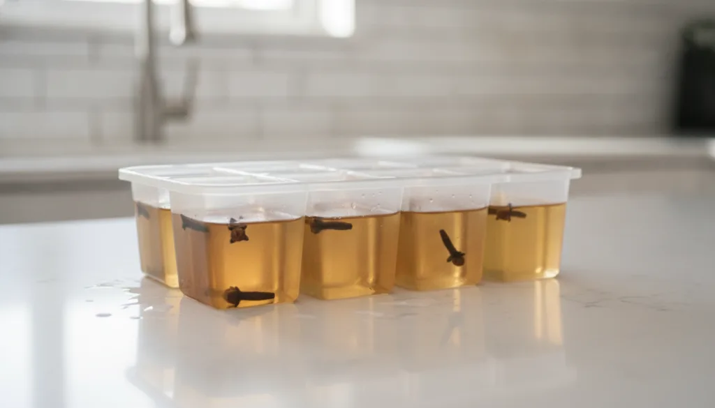 A close-up of an ice cube tray filled with amber-colored clove infused water some slots containing a whole clove ready t