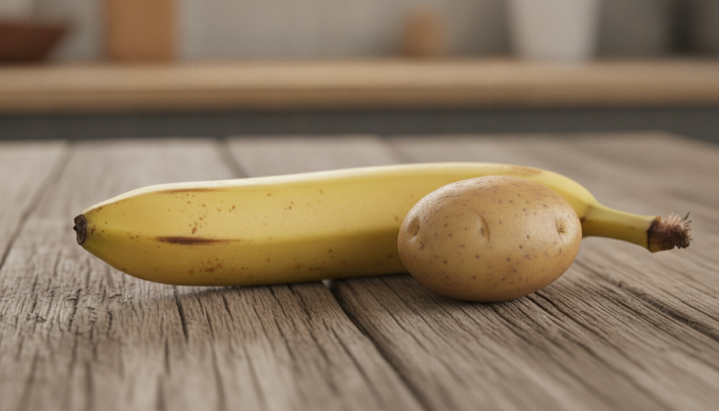 Raw ingredients for the mask a ripe banana and a small potato on a clean surface