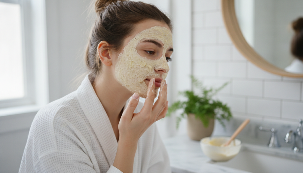 A woman gently applying the banana and potato paste as a face mask with a serene expression