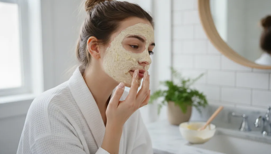 A woman gently applying the banana and potato paste as a face mask with a serene expression
