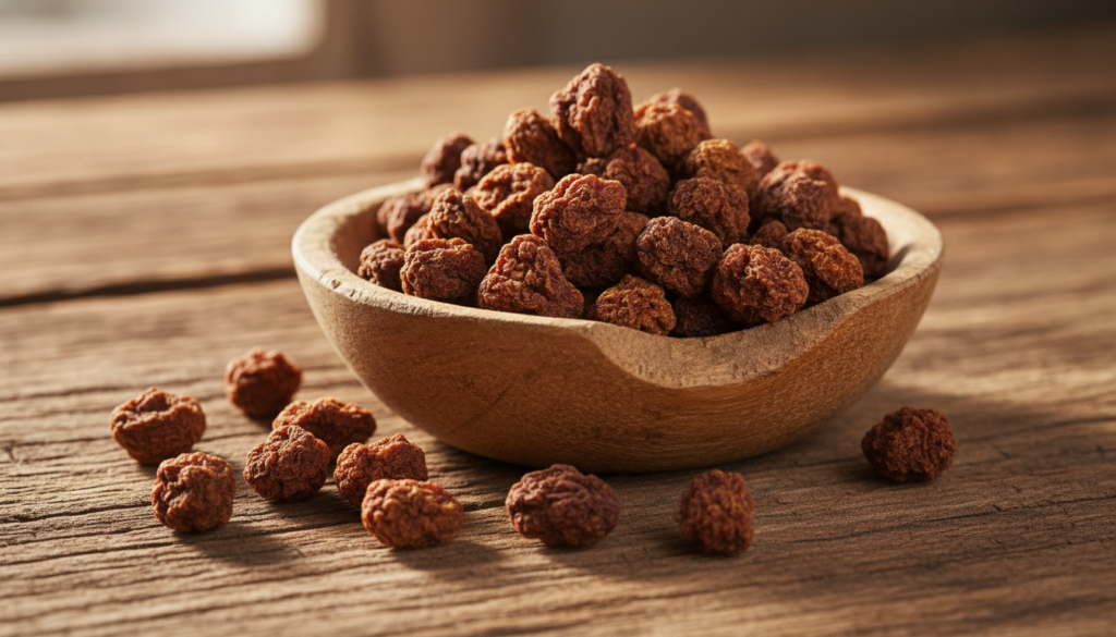 A close-up shot of dried cloves in a small wooden bowl with a few cloves scattered on a rustic wooden table The lighting