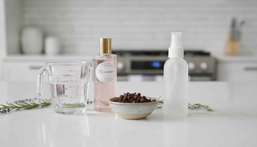 All ingredients for the clove elixir laid out on a clean kitchen counter a small bowl of whole cloves a measuring cup wi