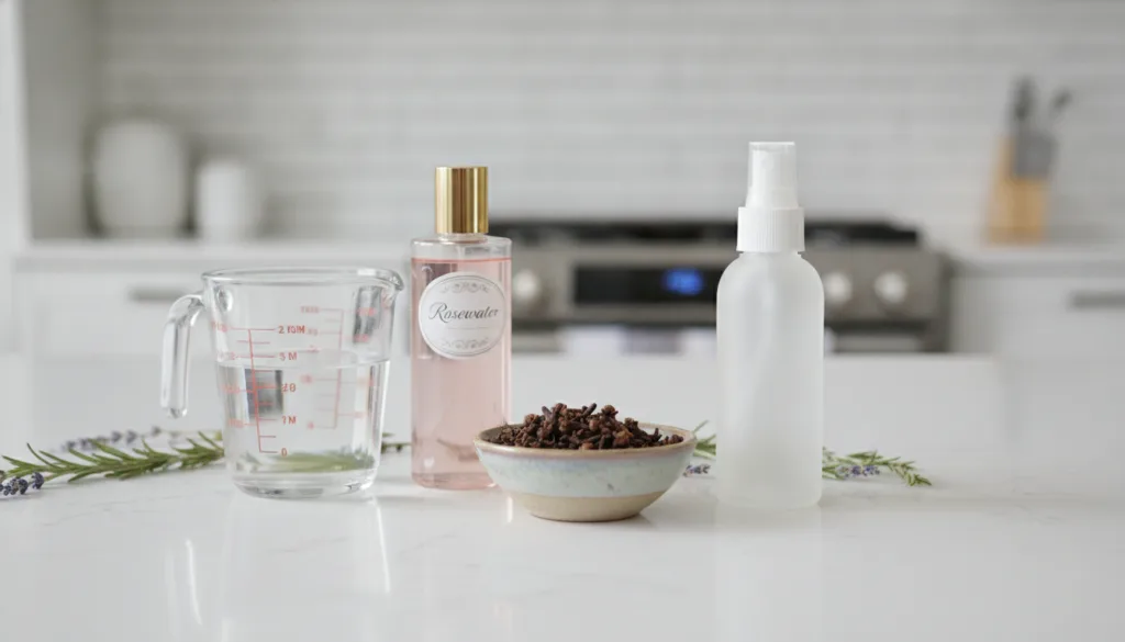 All ingredients for the clove elixir laid out on a clean kitchen counter a small bowl of whole cloves a measuring cup wi
