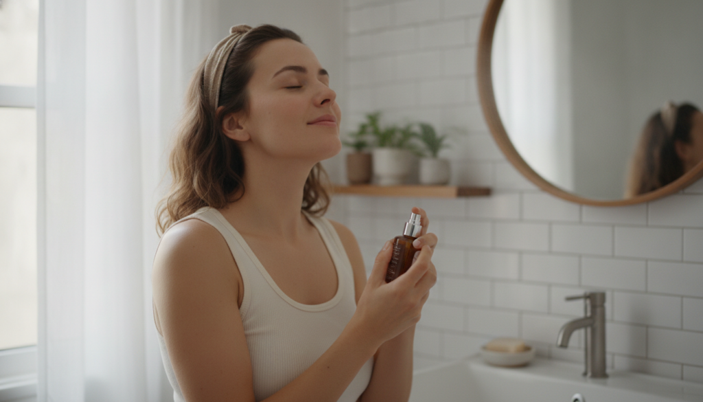 A woman gently spritzing the clove elixir onto her face with her eyes closed showing a refreshing and natural skincare m