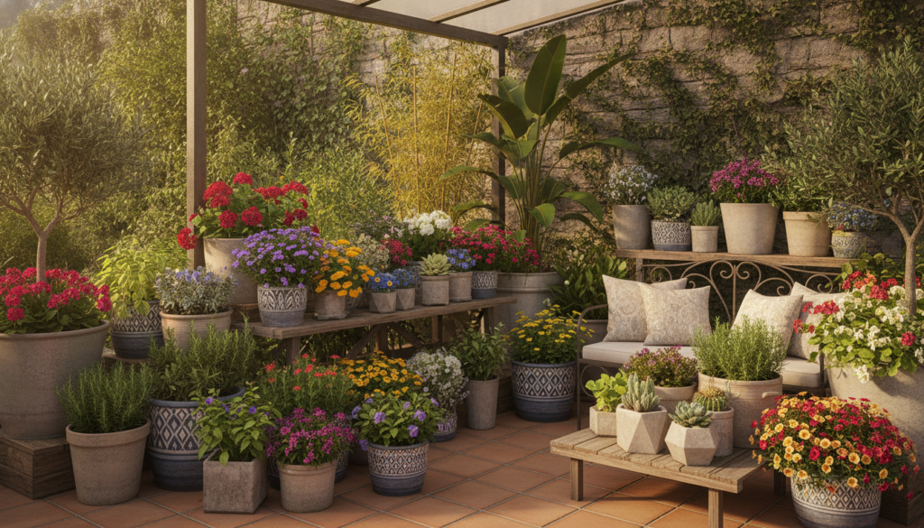 A variety of healthy plants growing in different sized pots on a sunny patio illustrating successful container gardening