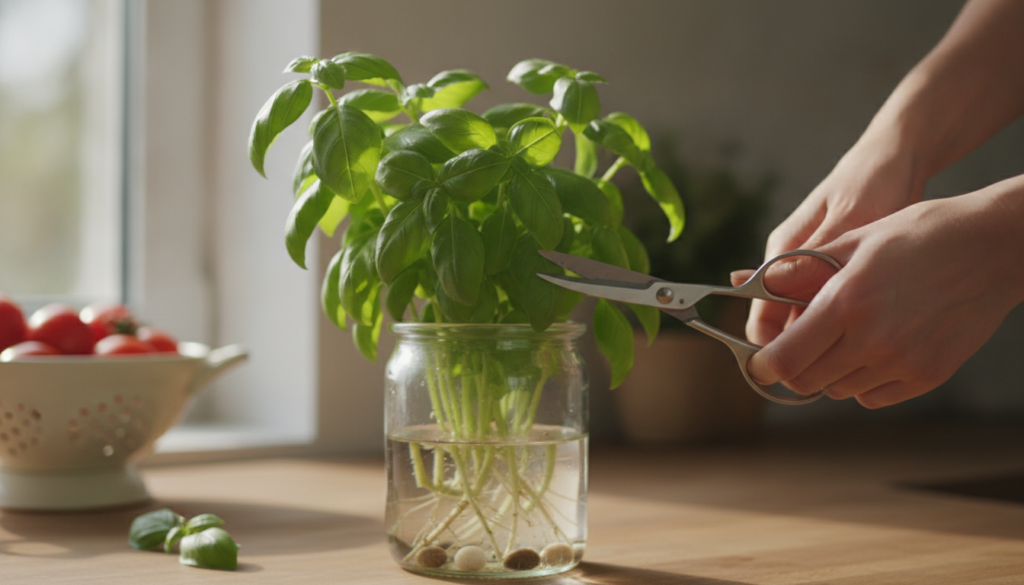 A hand reaching to snip a fresh basil leaf from a water-grown basil plant in a glass jar demonstrating the ease of harve