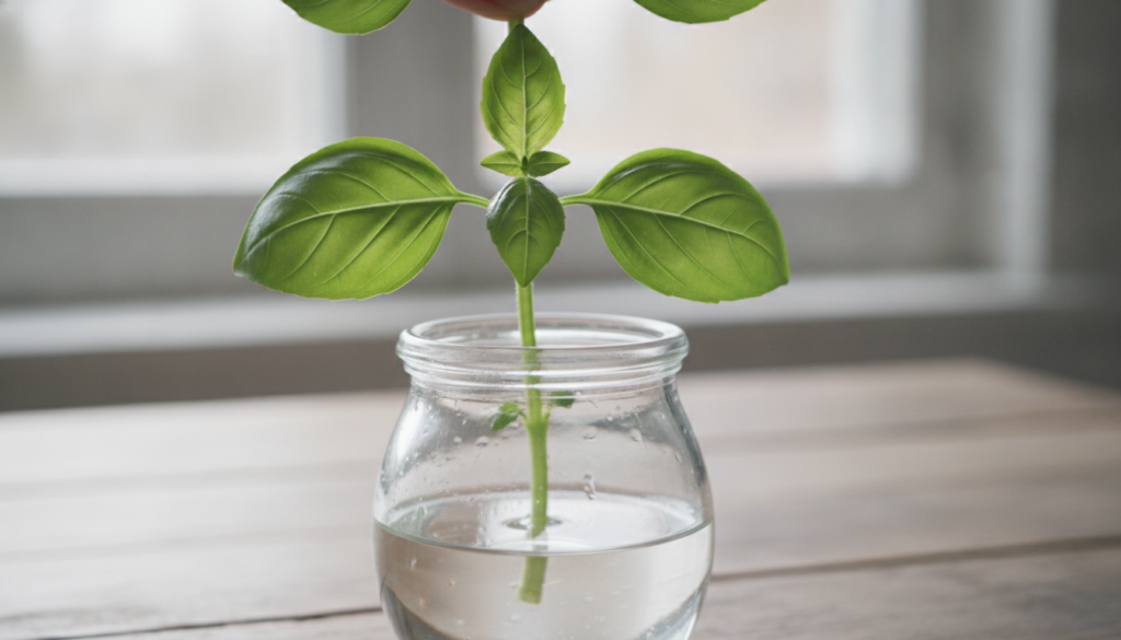 A close-up shot of a basil cutting showing the bottom leaves removed and the stem ready to be placed in water with a sma