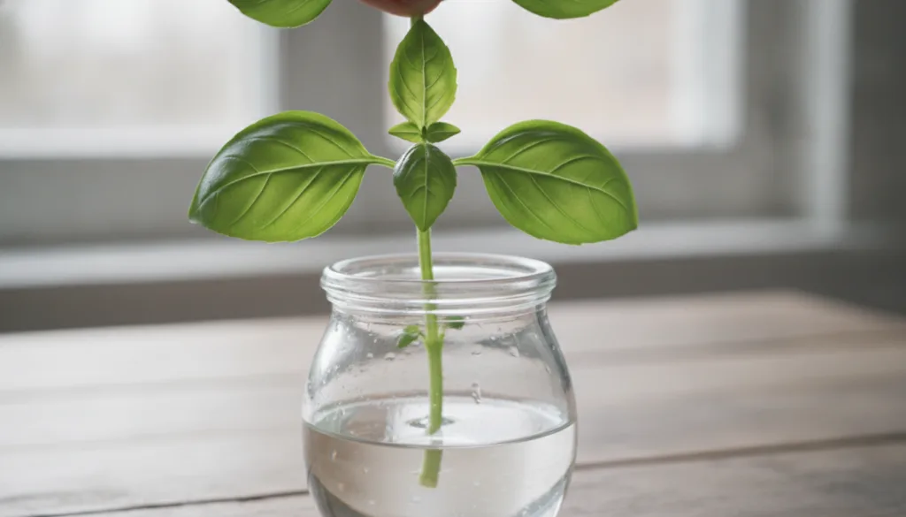 A close-up shot of a basil cutting showing the bottom leaves removed and the stem ready to be placed in water with a sma