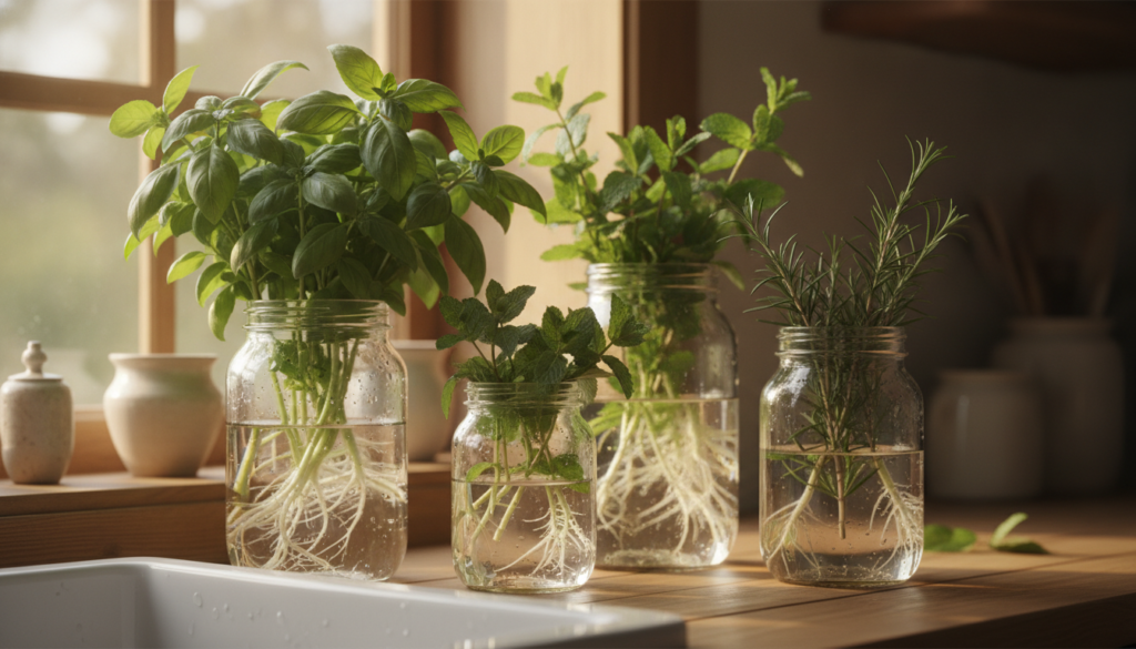 A vibrant collection of herbs such as basil mint and rosemary with their roots submerged in clear water within glass jar