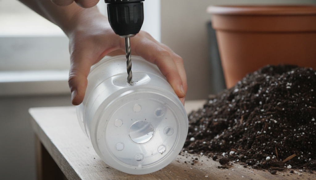 A close-up shot of hands using a drill to make drainage holes in the bottom of a repurposed plastic container with soil 
