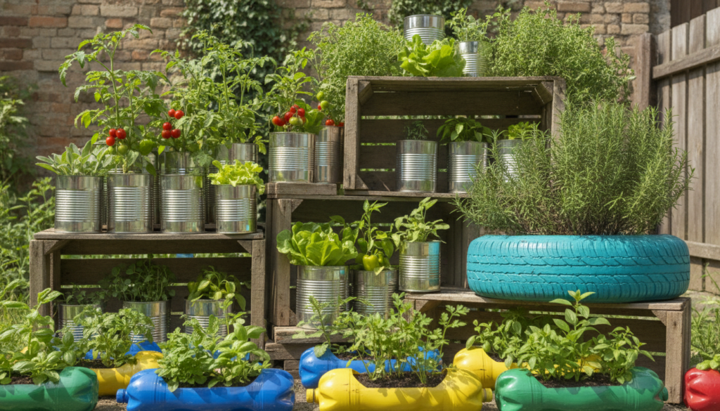 A variety of repurposed household items being used as planters such as plastic bottles tin cans old tires and wooden cra