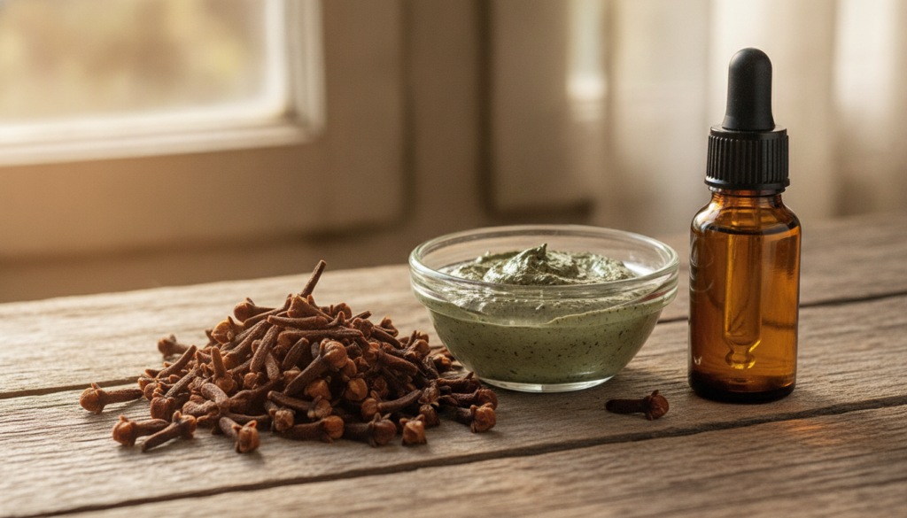 A close-up shot of dried cloves next to a small bowl of natural skincare ingredients like essential oils or a face mask