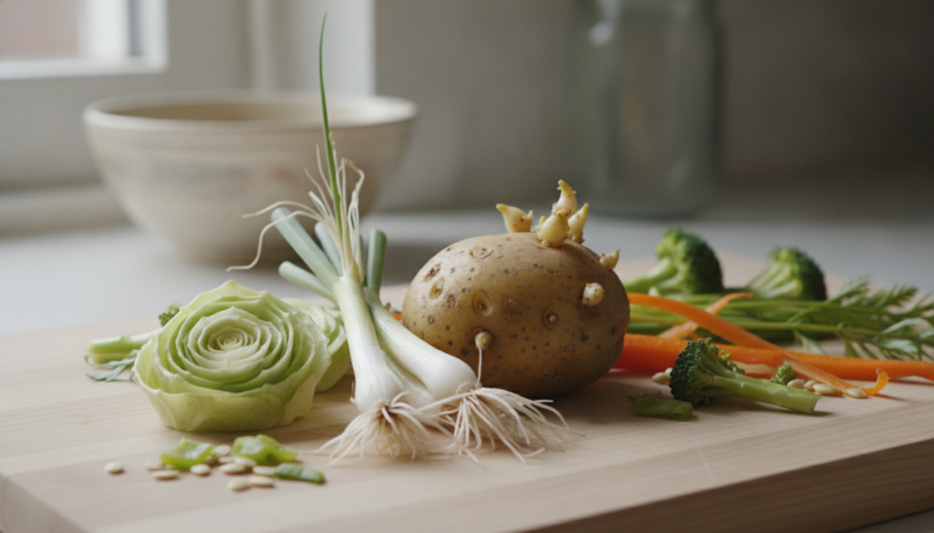 A collection of common kitchen vegetable scraps like lettuce bottoms green onion roots garlic cloves and potato eyes rea