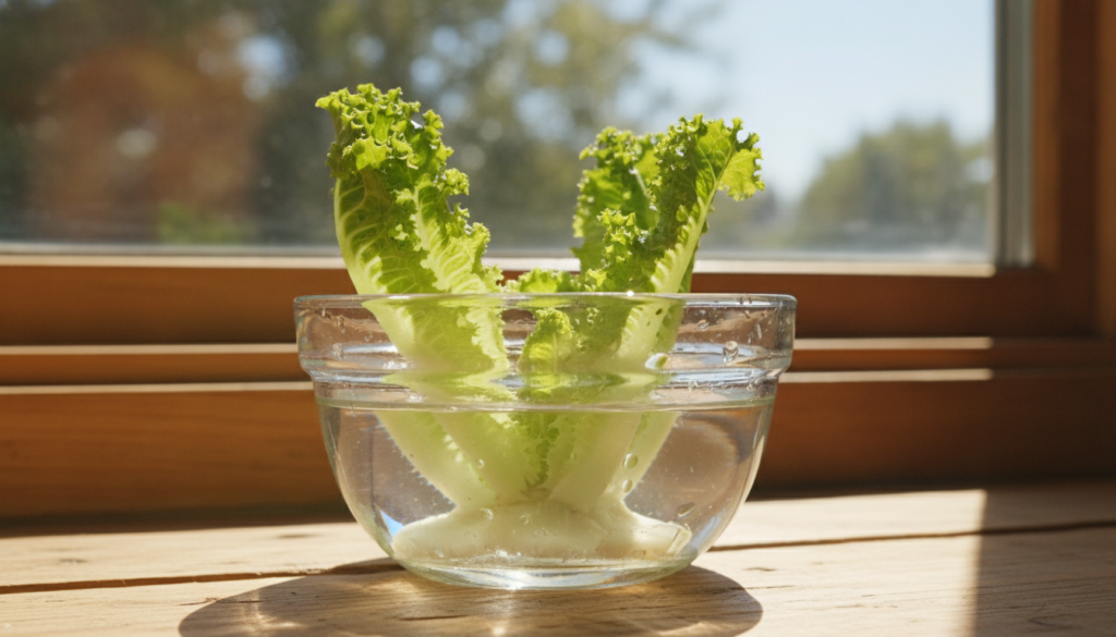 A close-up of a lettuce base sitting in a shallow bowl of water on a windowsill with new green leaves clearly sprouting